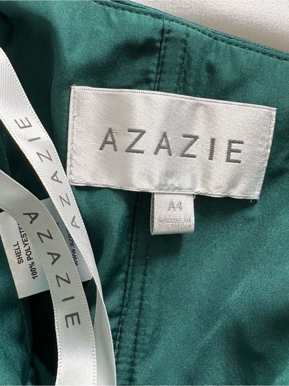 Azazie Women’s “Jenna” Emerald Sheath Pleated High-Neck Ruched Satin Dress - Picture 8 of 14